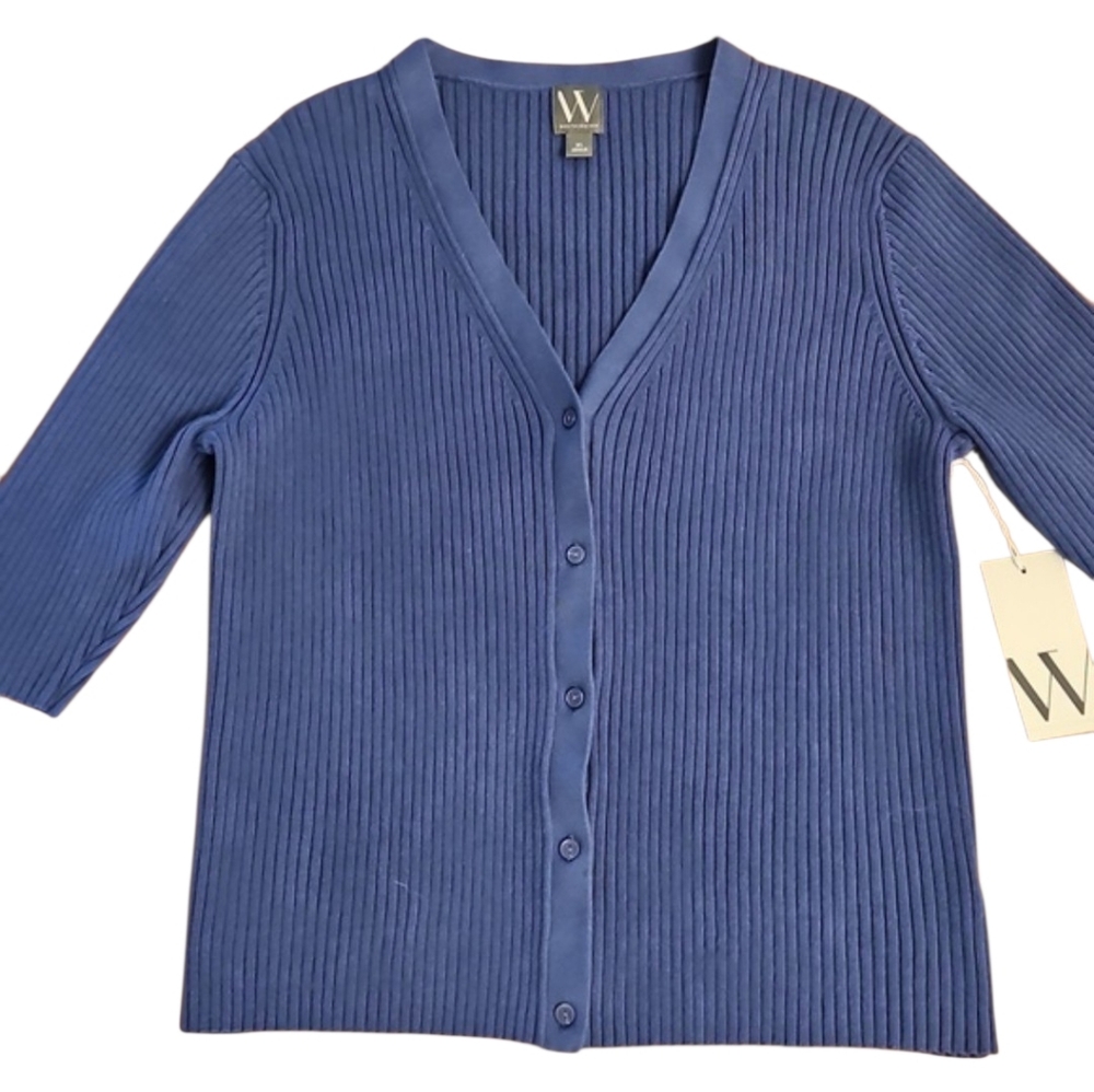 Worthington Button Front V Neck Ribbed Blue Sweater, NWT, XL